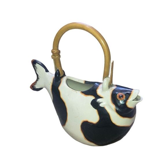 Vintage Animals & Co 1984 Collectible Hand Painted Porcelain Fish Bamboo Teapot - Picture 2 of 8
